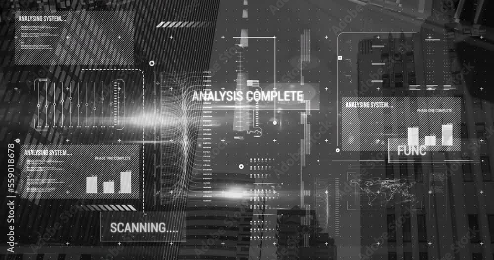 Poster animation of graphs, texts, lens flare, programming language over low angle view of buildings
