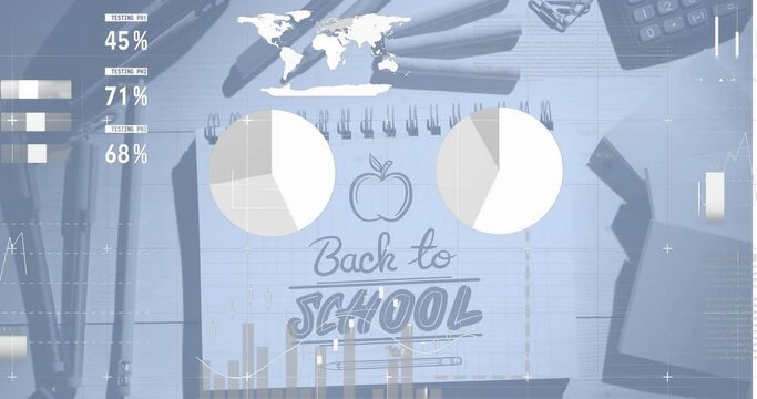 Animation of data processing over back to school text and school items