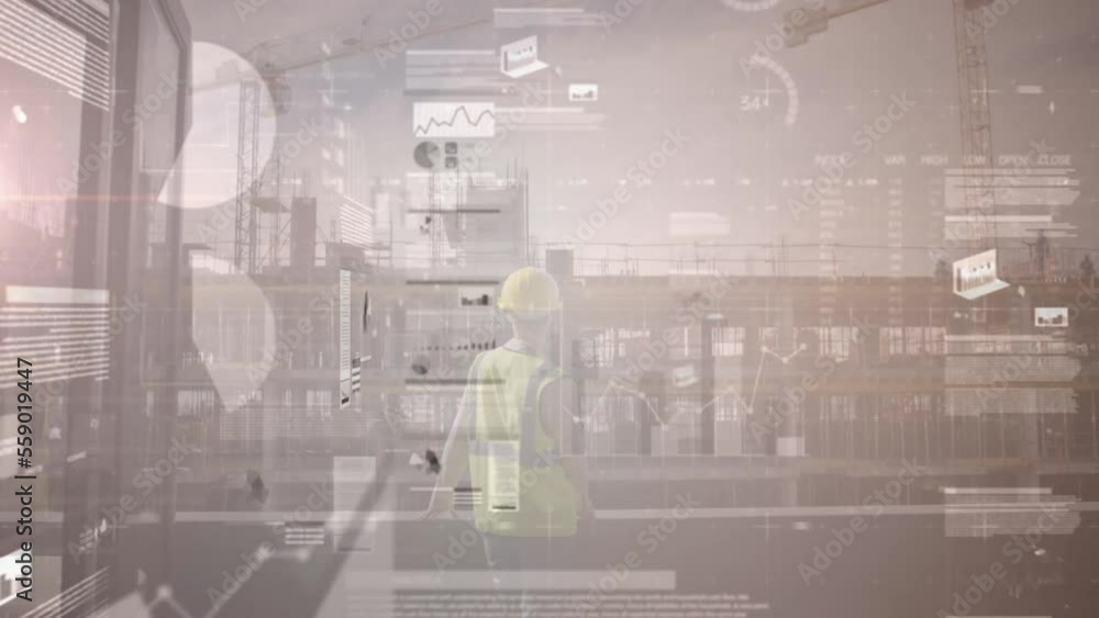 Poster animation of data processing over caucasian female worker at building site