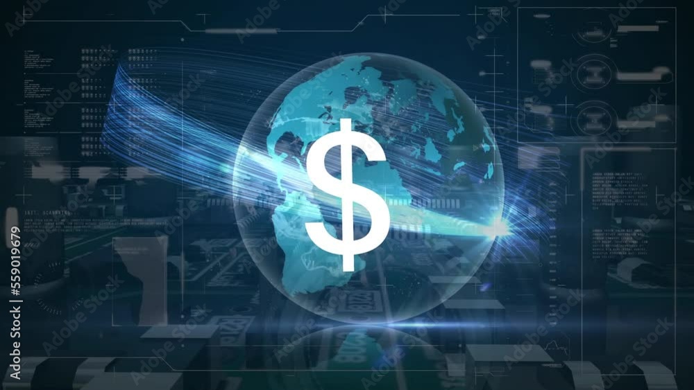 Poster animation of dollar symbol and lens flare moving around globe over motherboard and loading bars