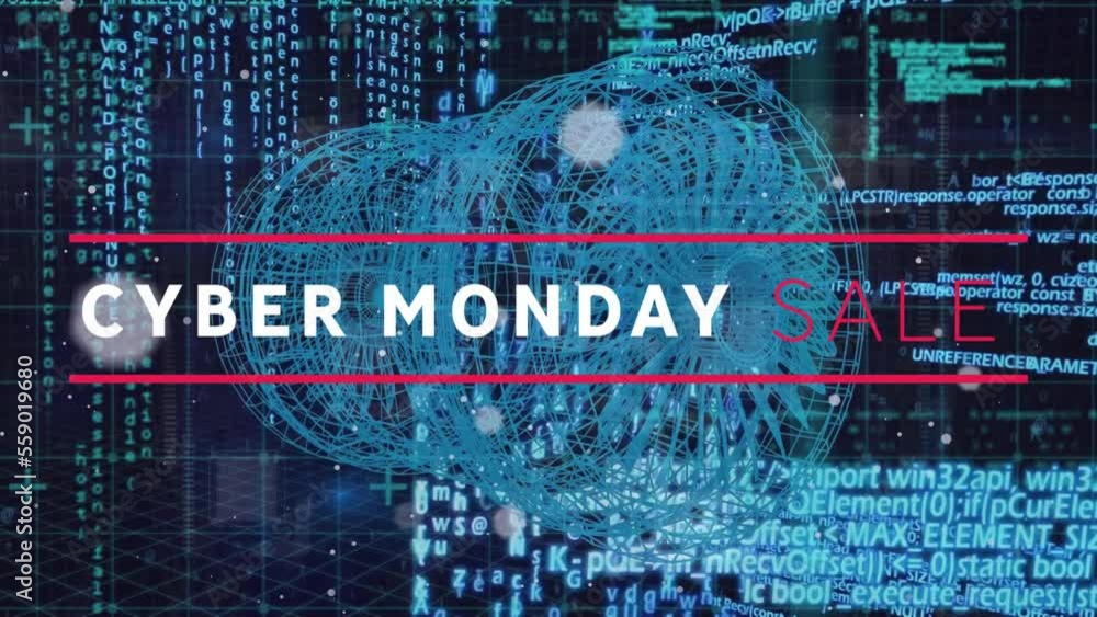 Poster animation of cyber monday sale text over circular structure and computer language on grid pattern
