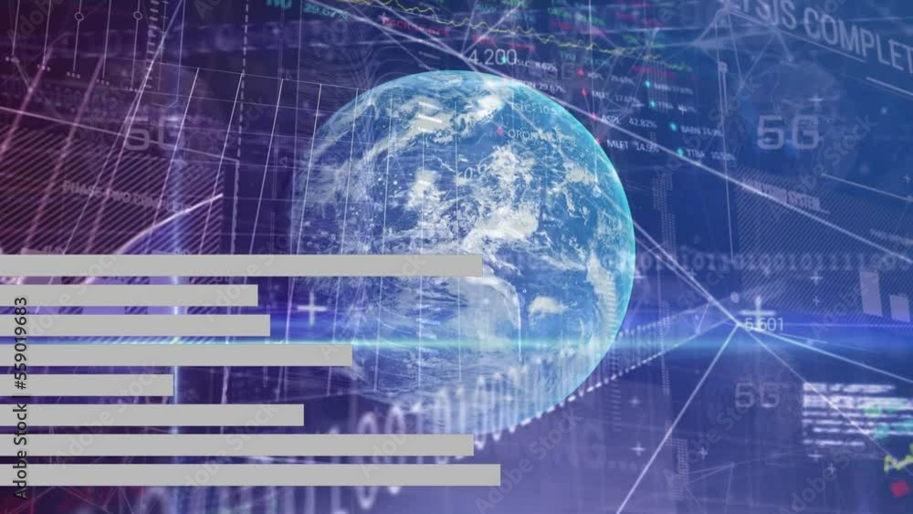 Poster animation of bars, binary codes, 5g text and trading board over globe against abstract background