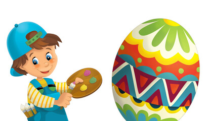 cartoon happy easter scene with colorful easter egg and little boy painting isolated illustration for children