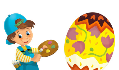 cartoon happy easter scene with colorful easter egg and little boy painting isolated illustration for children