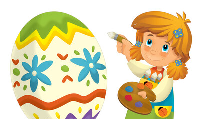 cartoon happy easter scene with colorful easter egg and little girl painting isolated illustration for children