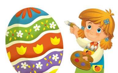 cartoon happy easter scene with colorful easter egg and little girl painting isolated illustration for children