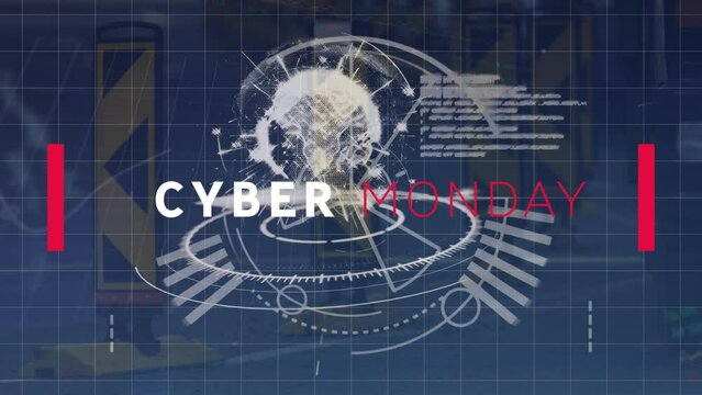 Animation of cyber monday text and globe over abstract pattern against people walking on street