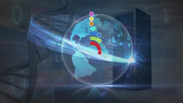 Animation of colorful curve, lens flare around globe over dna helix, computer language and cpu