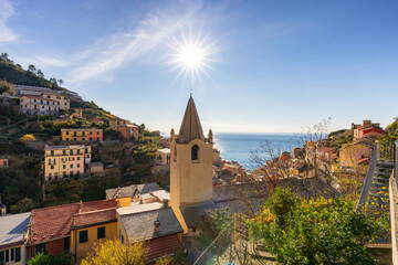 Old Historic Church in touristic town, Riomaggiore, Italy. Cinque Terre National Park