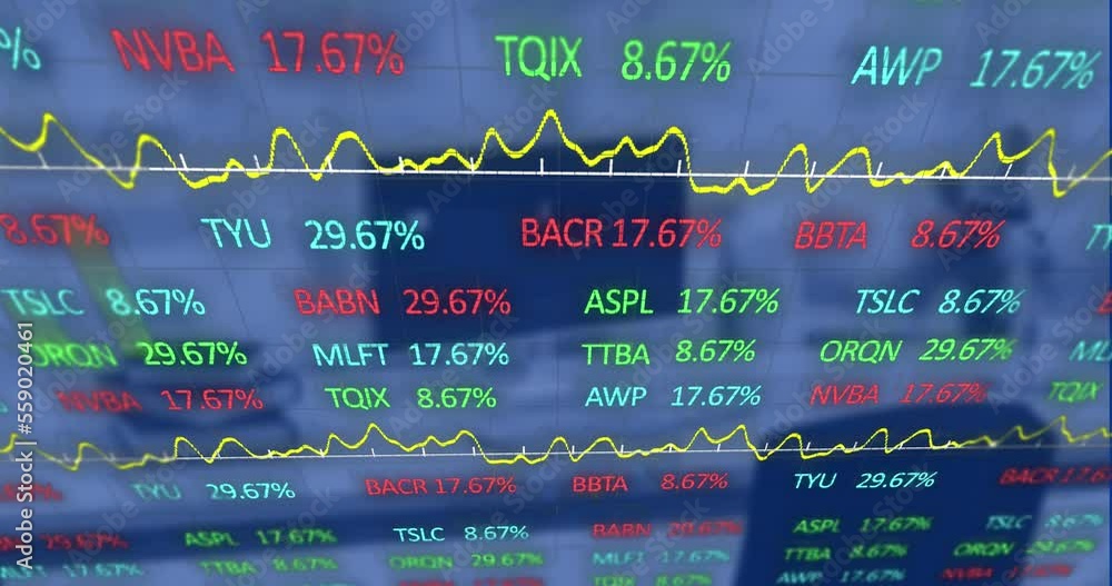 Aufkleber animation of trading board and graphs over empty cabin with books and desktop on desk at office