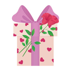 Graphic illustration for valentine's day. Festive gift box in hearts with a big bow and two red roses