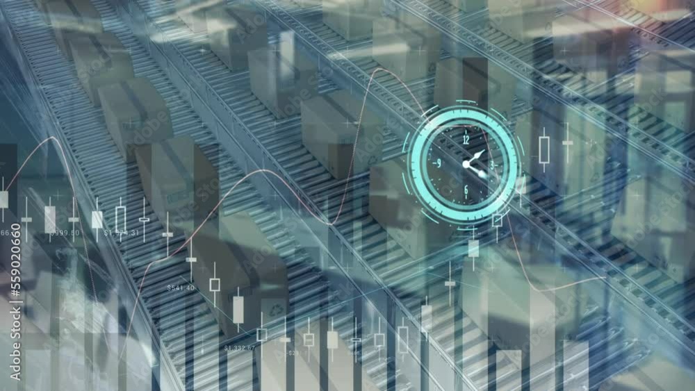 Poster animation of clock over statistics and financial data processing with warehouse