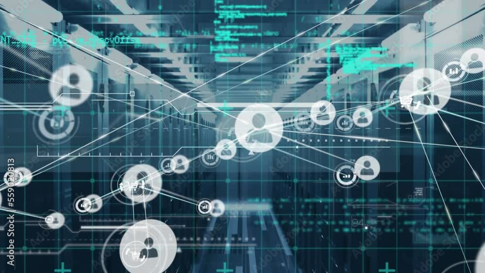 Poster animation of network of connections over data processing and server room