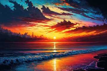 Abstract background of a sunset on a beach with waves crashing. Generative AI