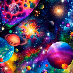 Plakat space background with different elements of rainbow colors. High quality illustration
