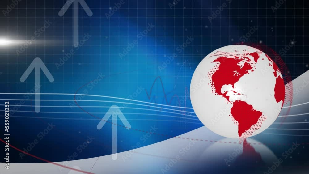 Poster animation of up arrows and lens flare and graphs with numbers with globe against abstract background