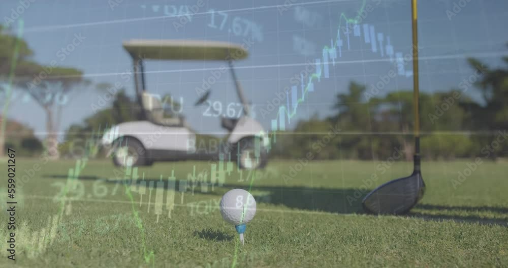 Poster animation of statistics and financial data processing over golf course