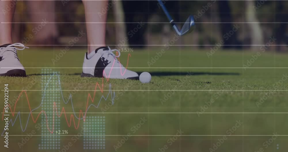 Poster animation of statistics and financial data processing over player on golf course