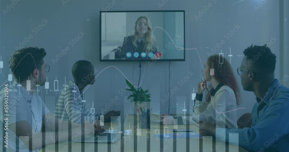 Canvas Prints Animation of statistics and financial data processing over business people having meeting in office