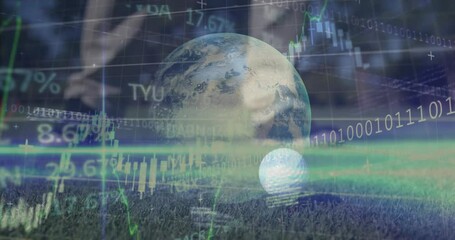 Animation of globe, statistics and financial data processing over golf course - Powered by Adobe