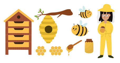 Bee and honey elements set. Beekeeper girl holding a jar with honey, hive, pollen, and other farm objects in cartoon style collection. Vector illustration