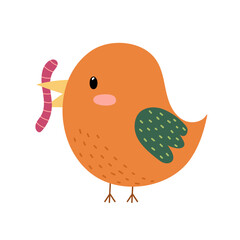Cute bird eating a worm in cartoon style. Funny character with earthworm in its beak for baby and kids design. Vector illustration