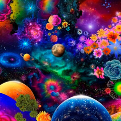 Fototapeta na wymiar space background with different elements of rainbow colors. High quality illustration