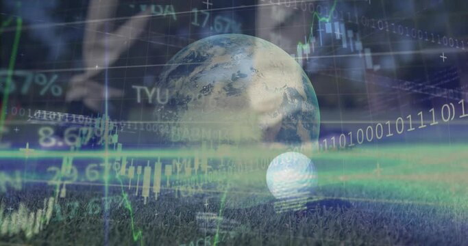Animation of globe, statistics and financial data processing over golf course - Powered by Adobe