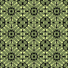 seamless pattern with abstract flowers and ornaments of light green color on a dark background, vector tile