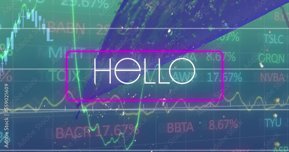 Poster animation of hello text in rectangle over graphs, numbers and trading board over abstract pattern
