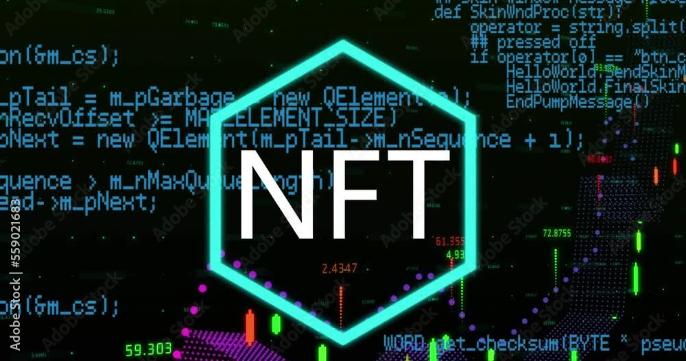 Poster animation of nft text in hexagon over graphs, programming language and numbers on black background