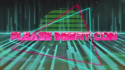 Animation of please insert coin text over triangles against bars and sun in background