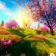 Fototapeta na wymiar illustration of a fantasy spring world with bright sun and cherry blossoms. High quality illustration