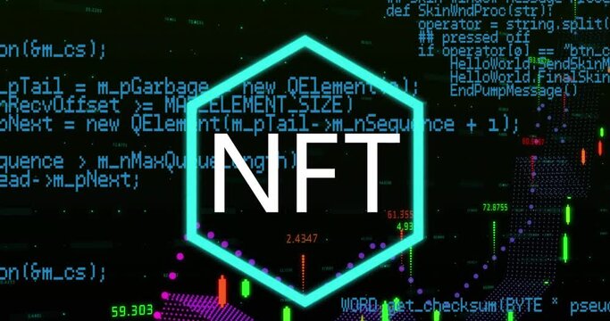 Animation of nft text in hexagon over graphs, programming language and numbers on black background
