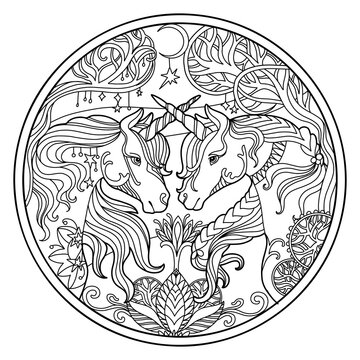 Beautiful unicorn twins circle coloring vector illustration