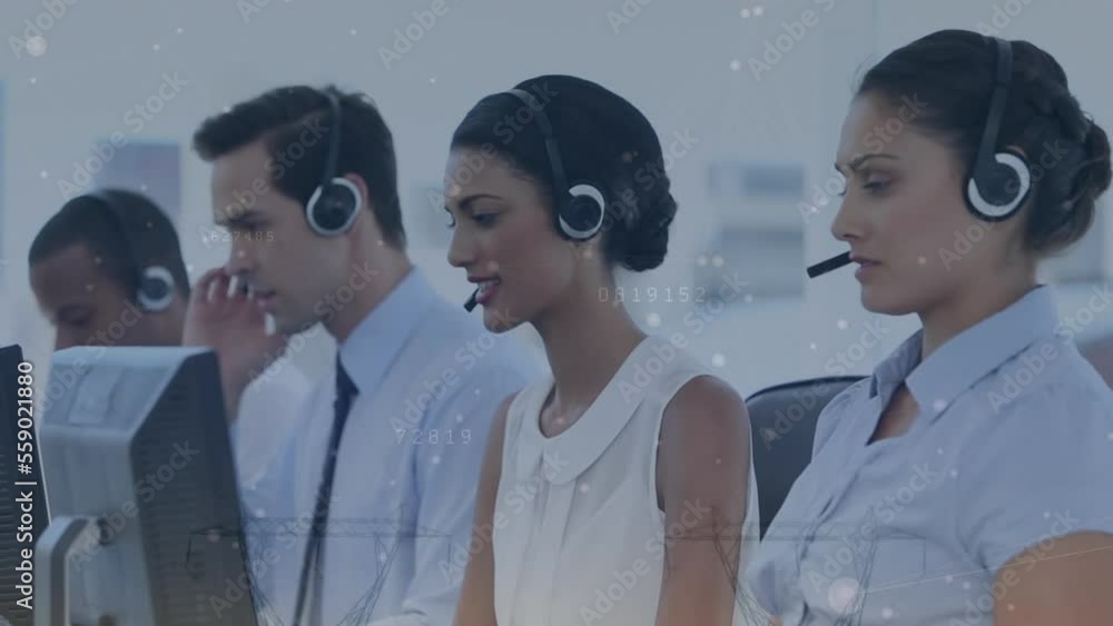 Poster animation of diverse customer agents talking headphones and using desktop against dots and numbers