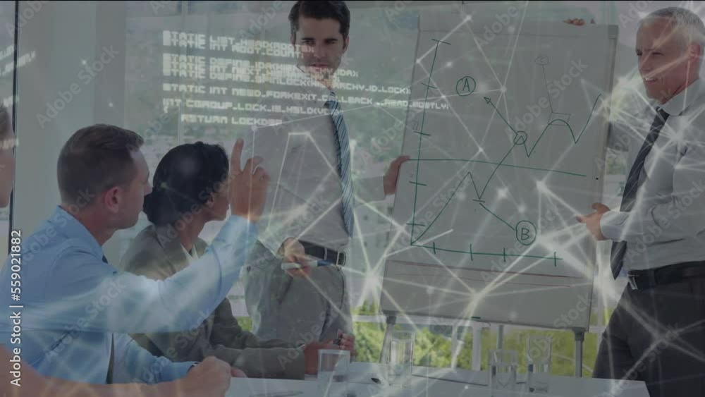Poster animation of data processing and network of connections over business people in meeting