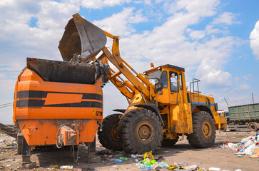 Wheel loader on landfill. Sorting rubbish by wheel loader 