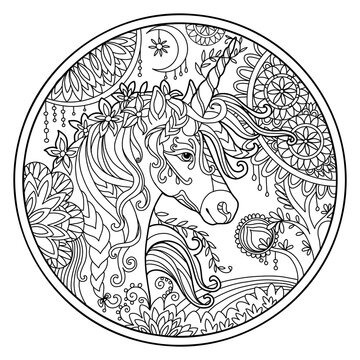 Beautiful ornate unicorn head coloring vector illustration