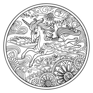 Beautiful winged unicorn coloring vector illustration circle