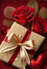 Valentines day romantic background red roses and gift 4 with Generative AI