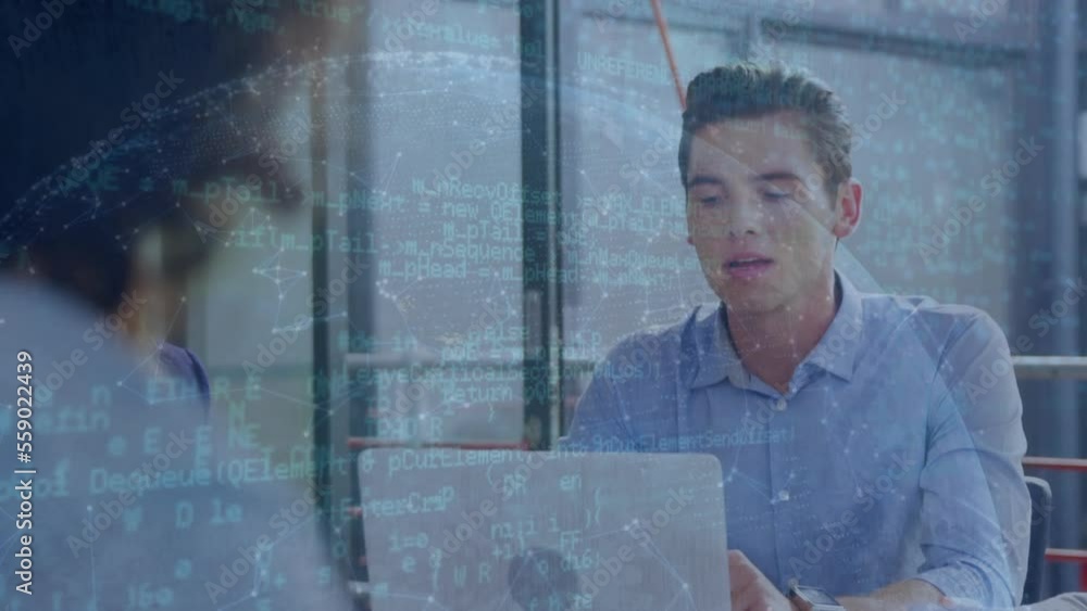 Poster animation of connected dots on globe, computer language over diverse coworkers discussing reports