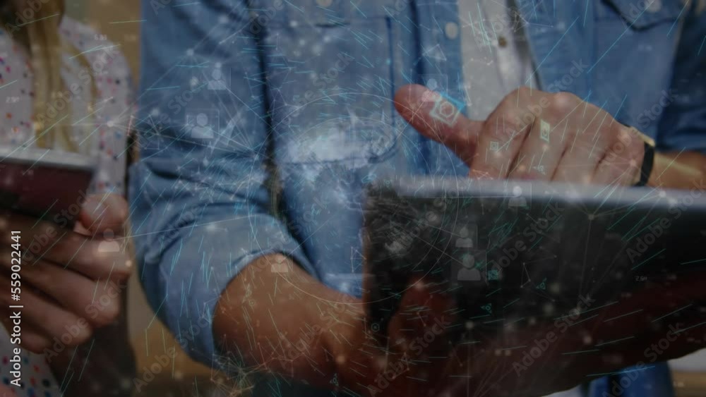 Poster animation of network of connections with data processing over man using tablet