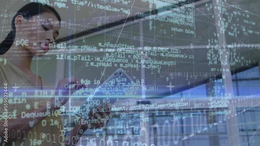 Aufkleber animation of computer language, binary codes and lens flare over asian woman using digital tablet