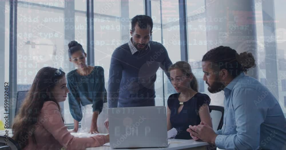 Poster animation of connected icons and programming language over diverse coworkers sharing ideas in office