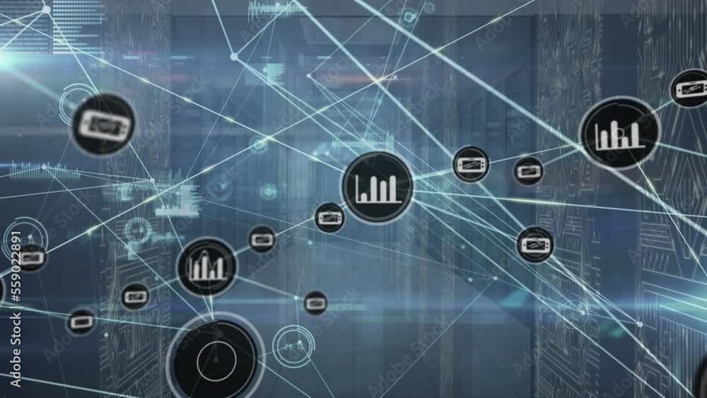 Poster animation of connected icons, graphs, soundwaves and circuit board pattern over server room