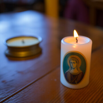 Orthodox Candle in the church, Virgin Mary.