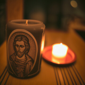 Orthodox Candle in the church, Christ Imagery.
