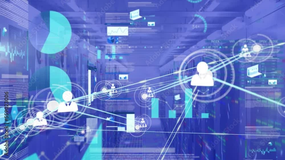Aufkleber animation of connected icons and dots over infographic interface with bars against server room