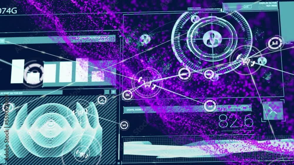 Poster animation of connected icons over, graph, soundwave, profile icons against abstract pattern